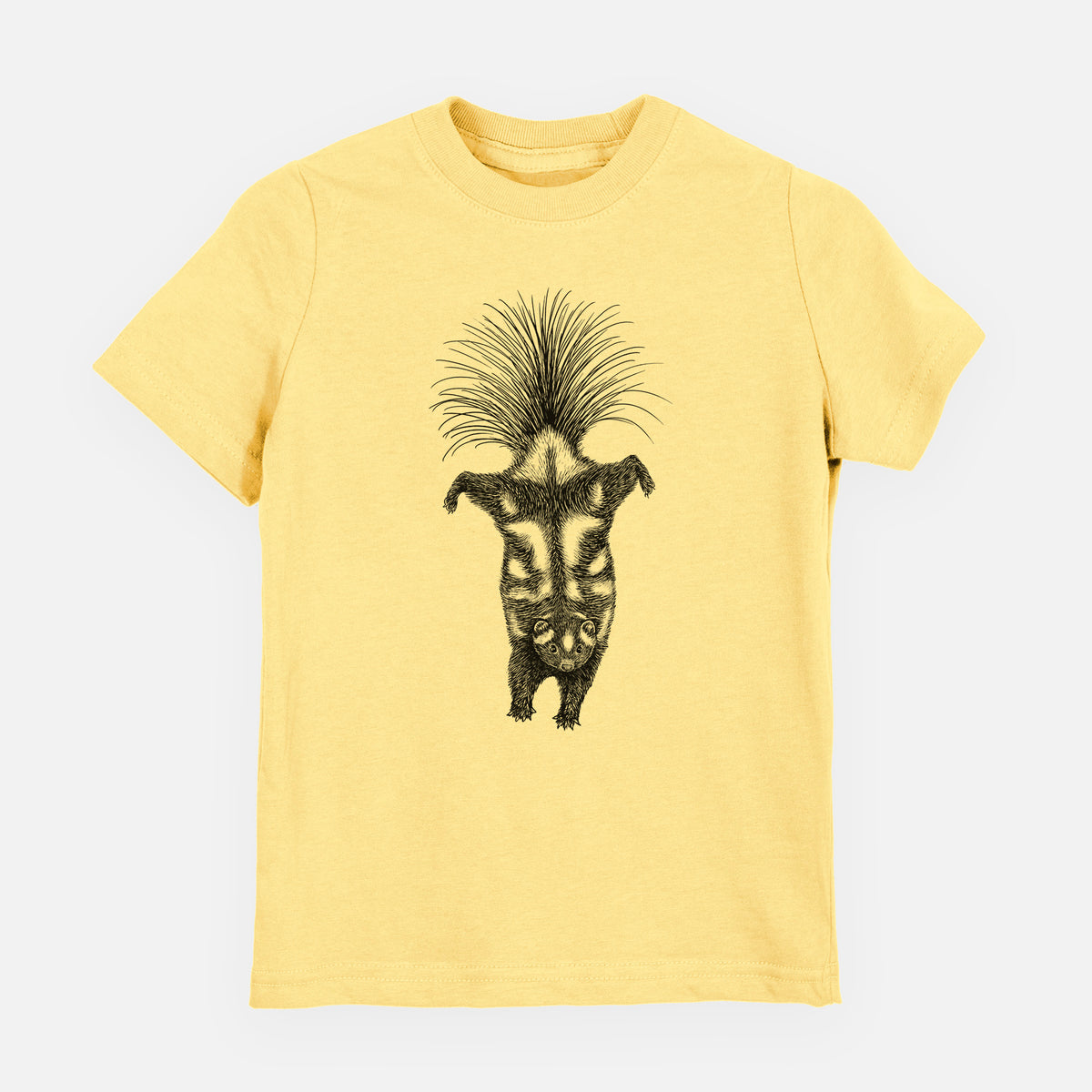 Butter yellow youth t-shirt laid flat, printed with a black ink illustration of a spotted skunk doing a handstand with its tail fanned.