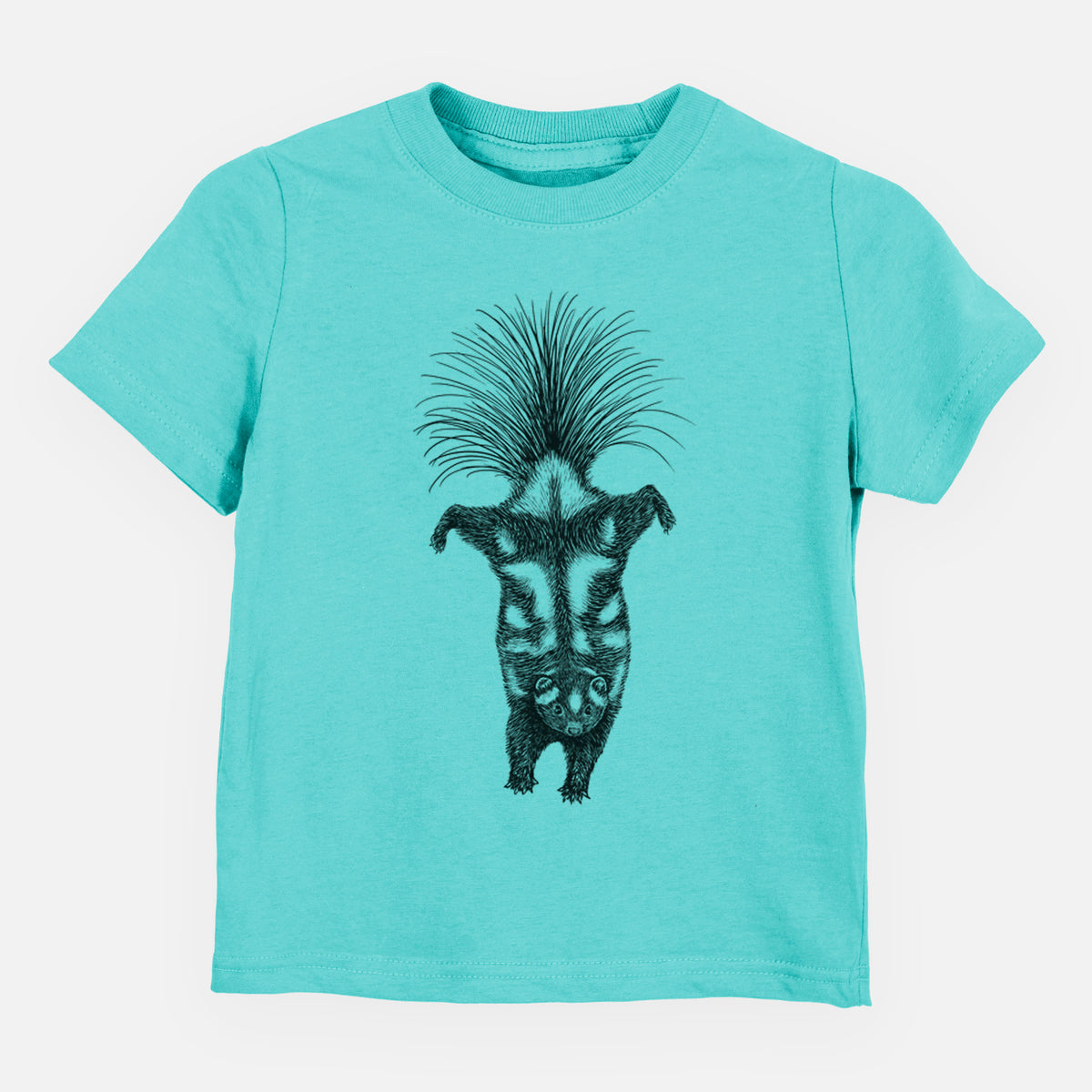 Caribbean blue toddler t-shirt laid flat, printed with a black ink illustration of a spotted skunk doing a handstand with its tail fanned.