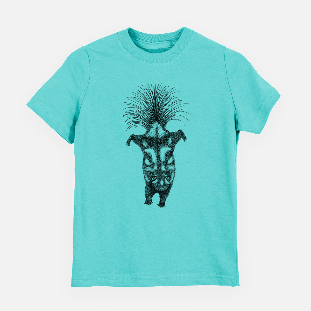 Caribbean blue youth t-shirt laid flat, printed with a black ink illustration of a spotted skunk doing a handstand with its tail fanned.