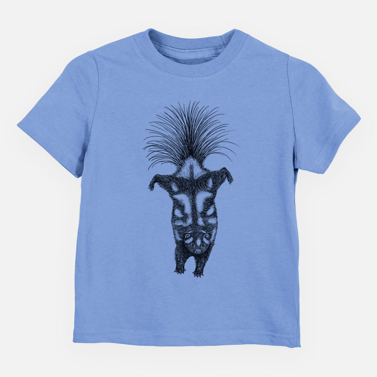 Carolina blue toddler t-shirt laid flat, printed with a black ink illustration of a spotted skunk doing a handstand with its tail fanned.