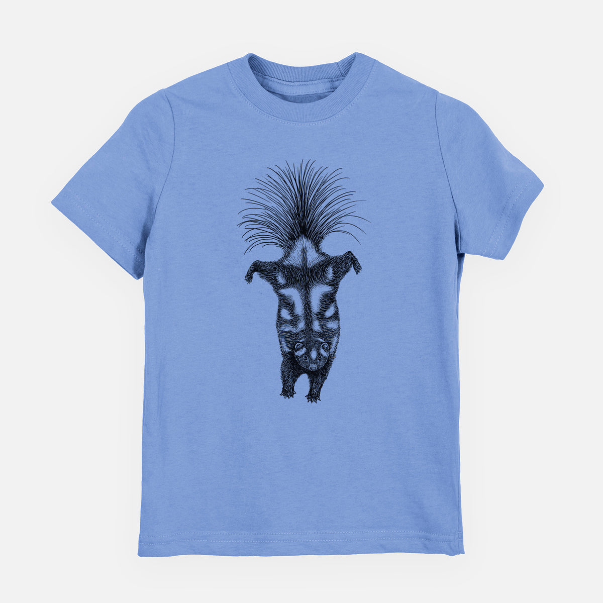 Carolina blue youth t-shirt laid flat, printed with a black ink illustration of a spotted skunk doing a handstand with its tail fanned.