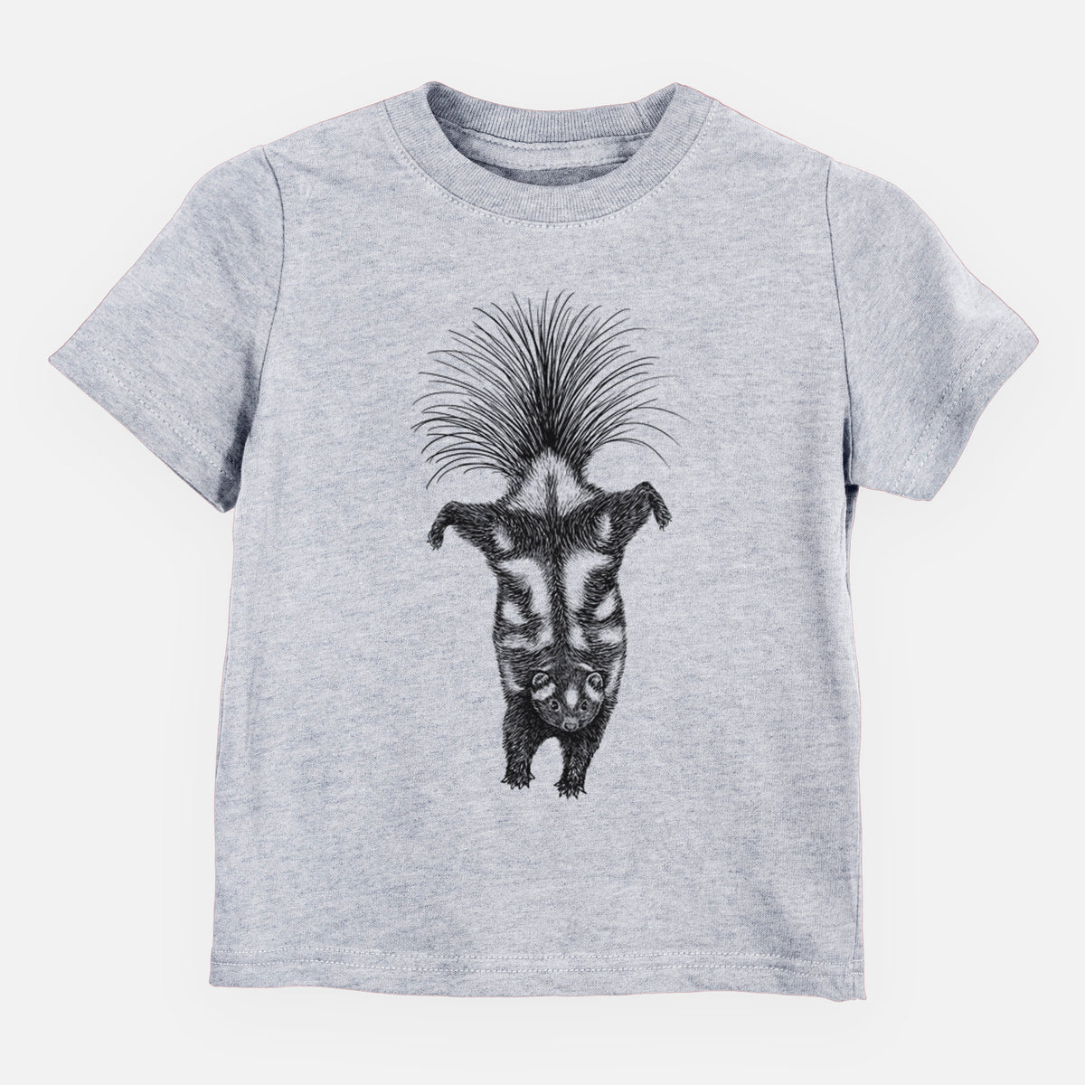 Heather grey toddler t-shirt laid flat, printed with a black ink illustration of a spotted skunk doing a handstand with its tail fanned.