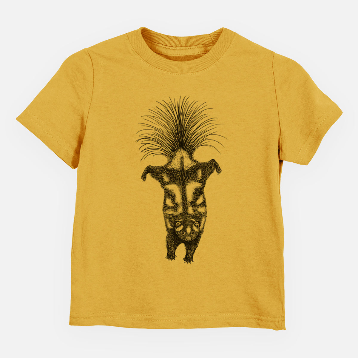 Honeycomb yellow toddler t-shirt laid flat, printed with a black ink illustration of a spotted skunk doing a handstand with its tail fanned.