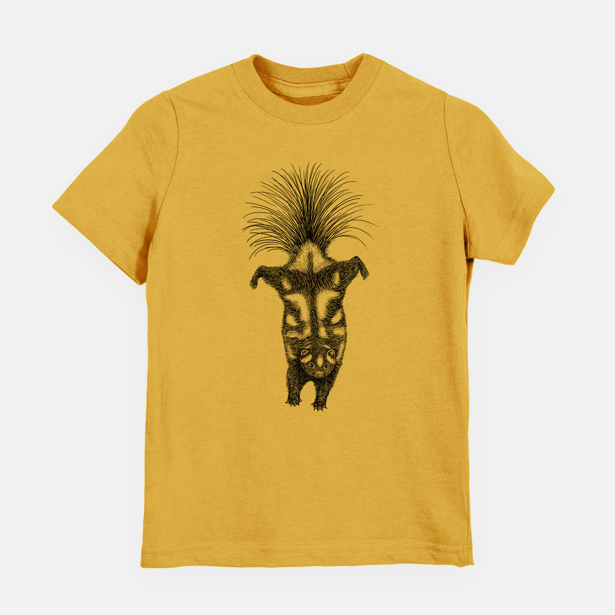 Honeycomb yellow youth t-shirt laid flat, printed with a black ink illustration of a spotted skunk doing a handstand with its tail fanned.