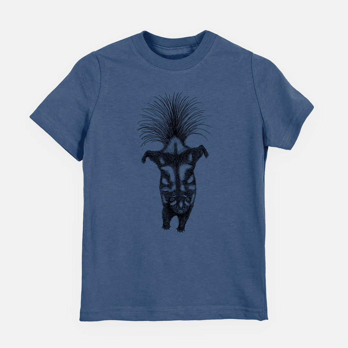 Indigo blue youth t-shirt laid flat, printed with a black ink illustration of a spotted skunk doing a handstand with its tail fanned.