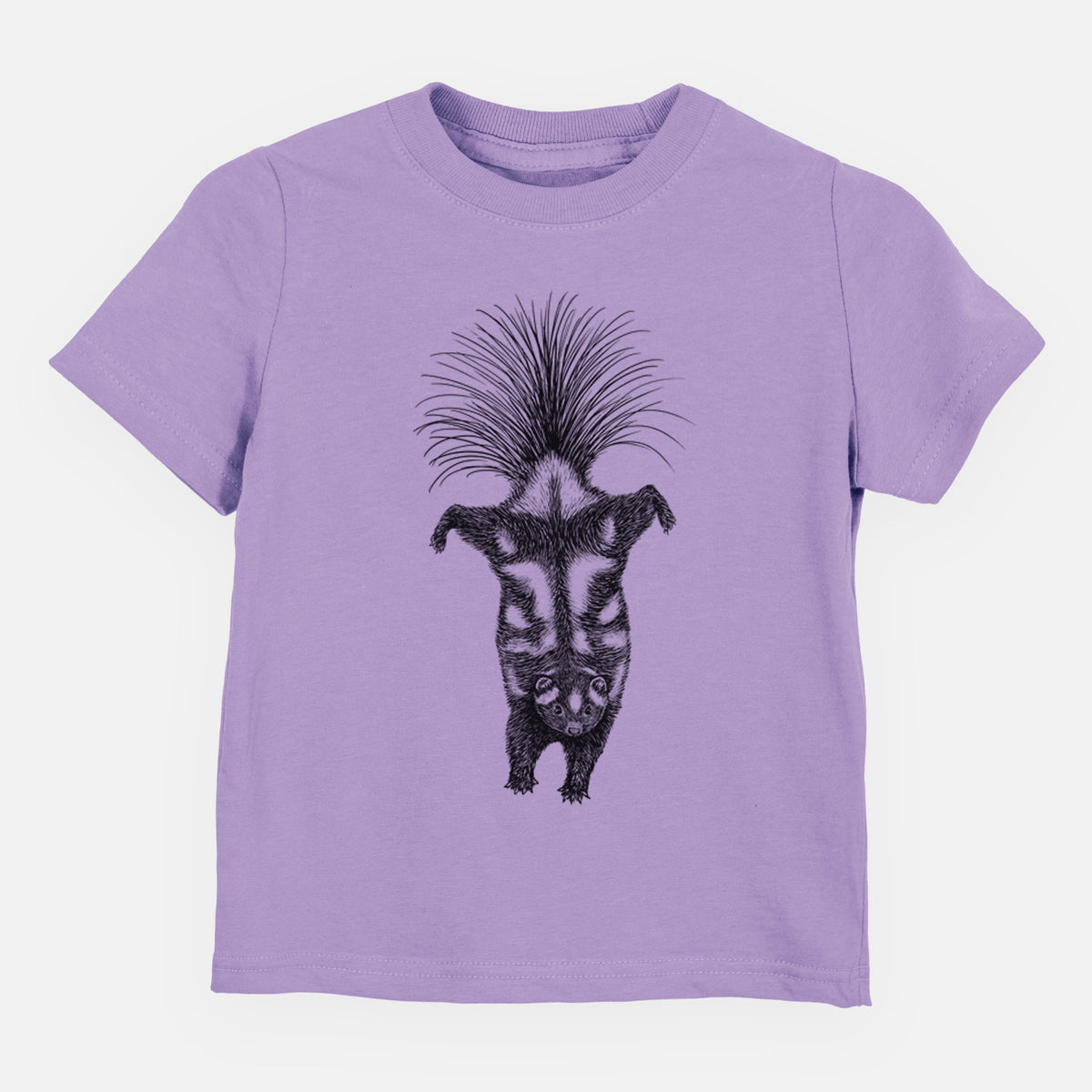 Lavender toddler t-shirt laid flat, printed with a black ink illustration of a spotted skunk doing a handstand with its tail fanned.