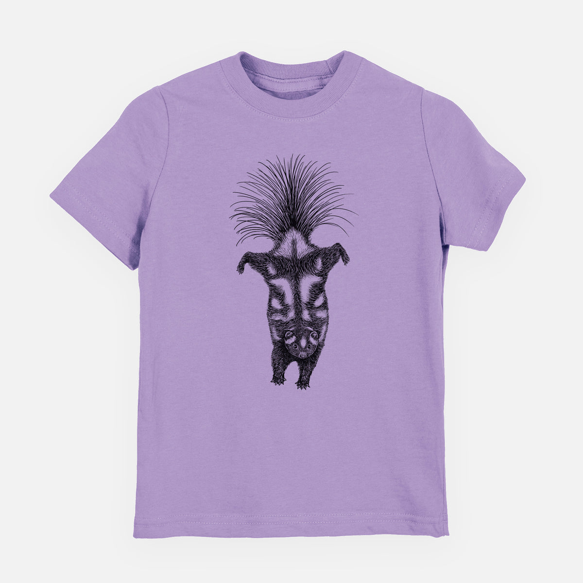 Lavender youth t-shirt laid flat, printed with a black ink illustration of a spotted skunk doing a handstand with its tail fanned.