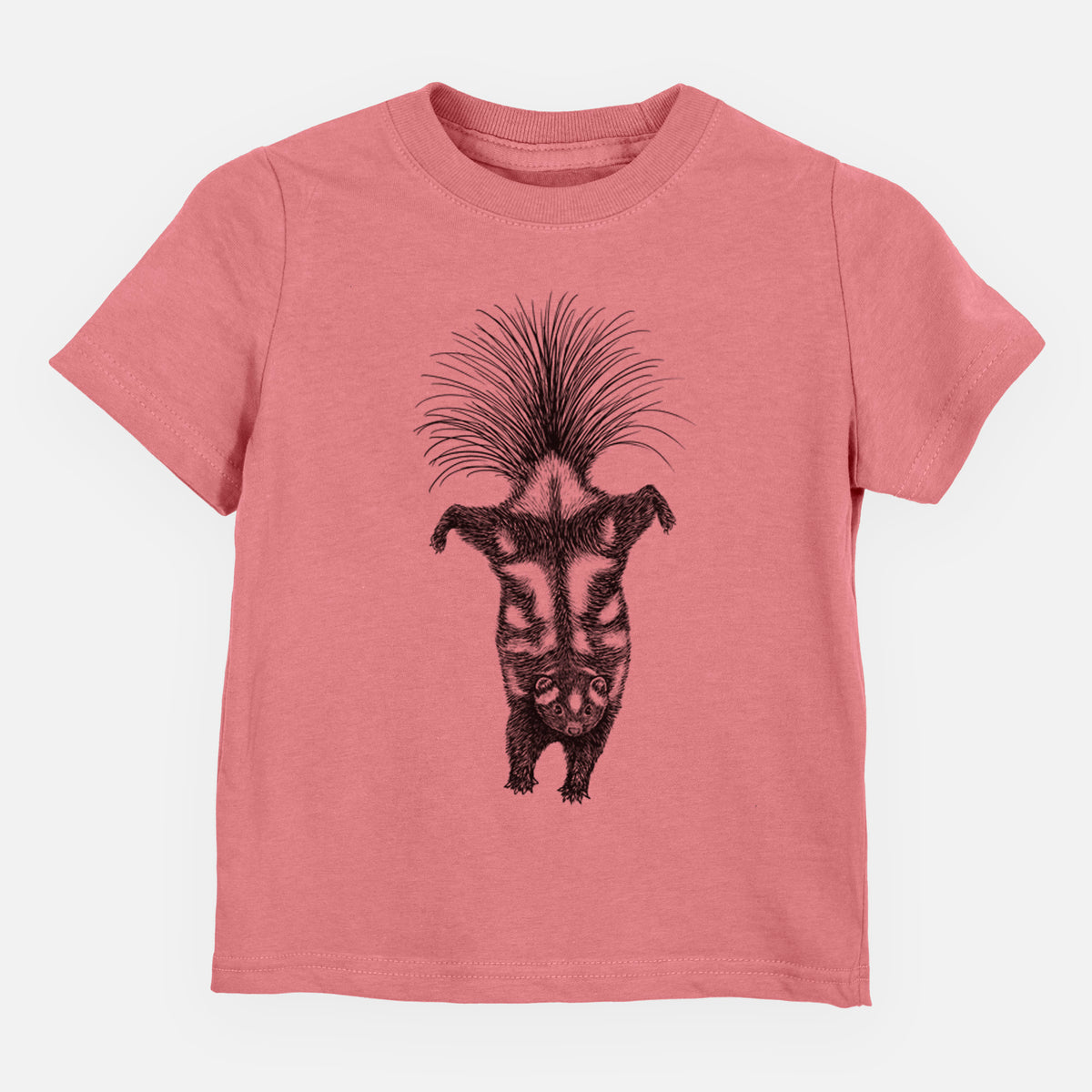 Mauve pink toddler t-shirt laid flat, printed with a black ink illustration of a spotted skunk doing a handstand with its tail fanned.