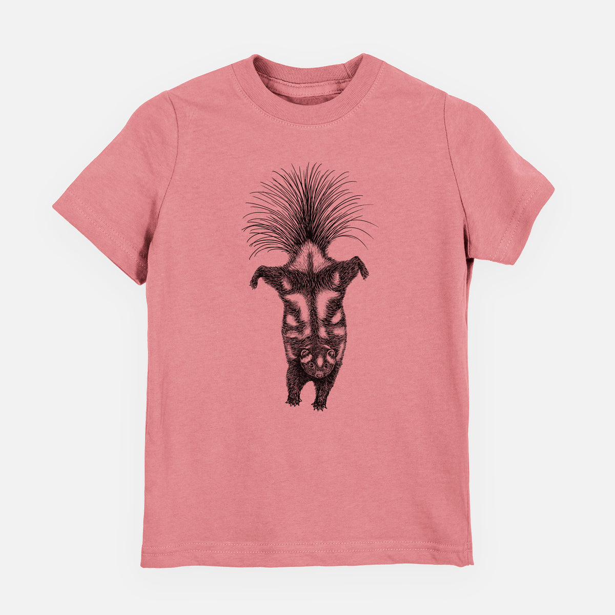 Mauve pink youth t-shirt laid flat, printed with a black ink illustration of a spotted skunk doing a handstand with its tail fanned.