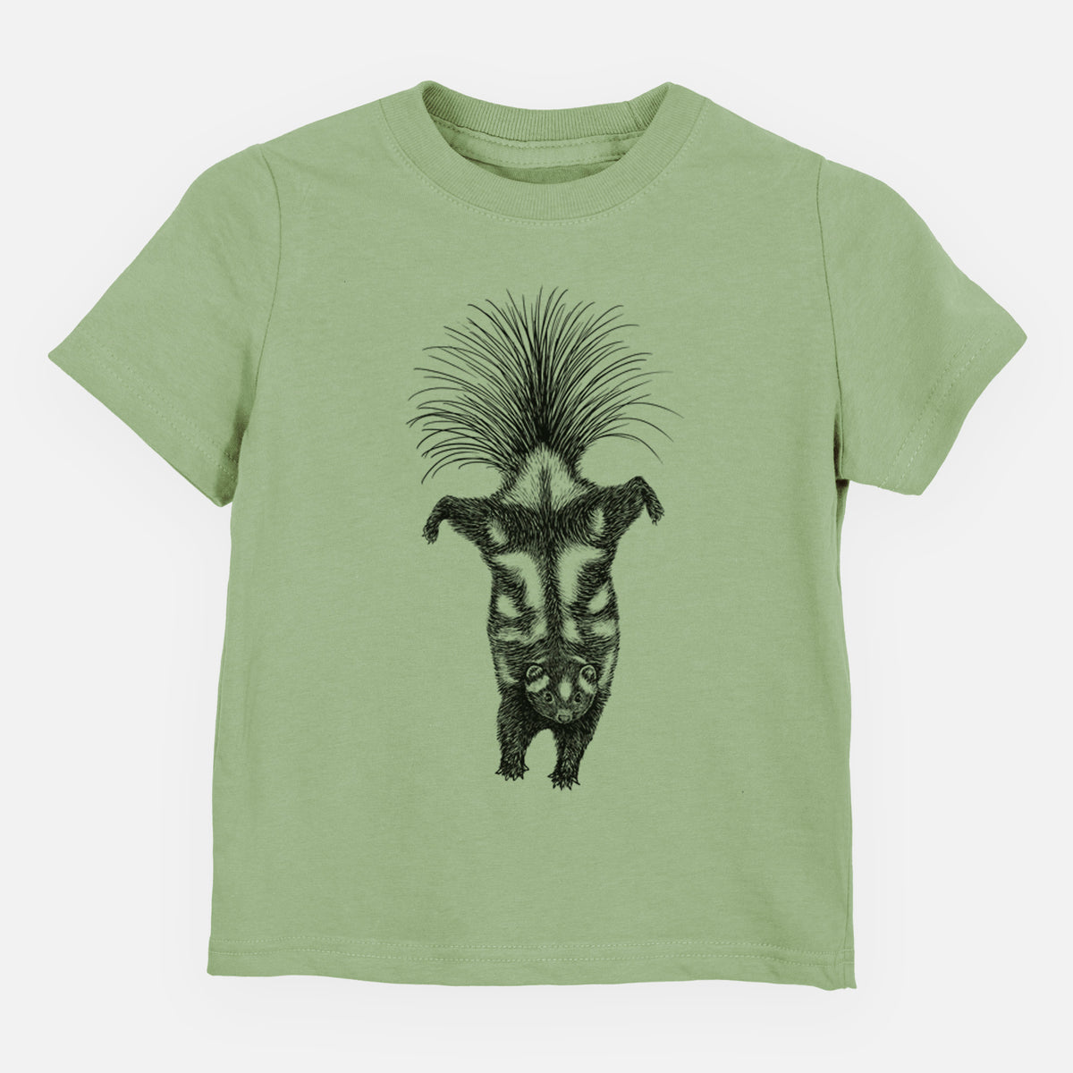 Sage green toddler t-shirt laid flat, printed with a black ink illustration of a spotted skunk doing a handstand with its tail fanned.