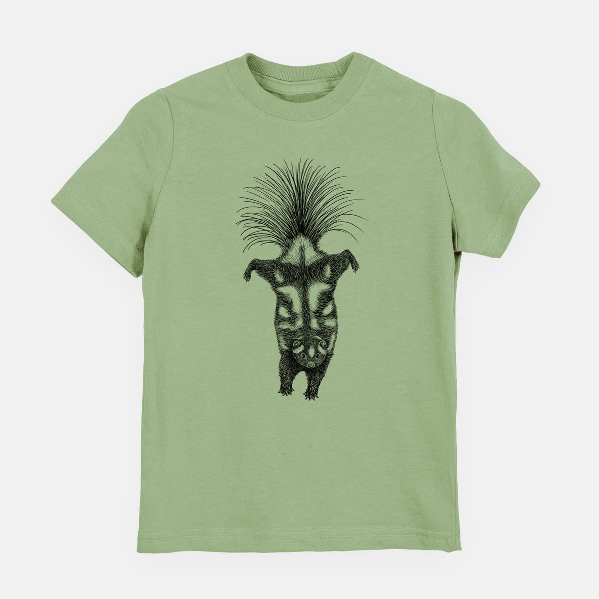 Sage green youth t-shirt laid flat, printed with a black ink illustration of a spotted skunk doing a handstand with its tail fanned.
