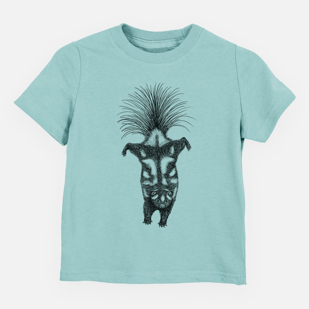 Saltwater toddler t-shirt laid flat, printed with a black ink illustration of a spotted skunk doing a handstand with its tail fanned.