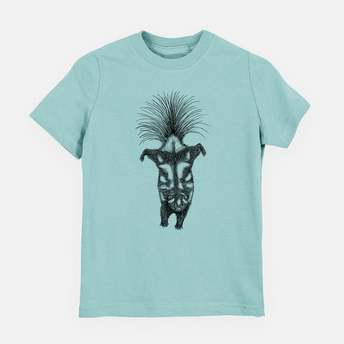 Saltwater youth t-shirt laid flat, printed with a black ink illustration of a spotted skunk doing a handstand with its tail fanned.
