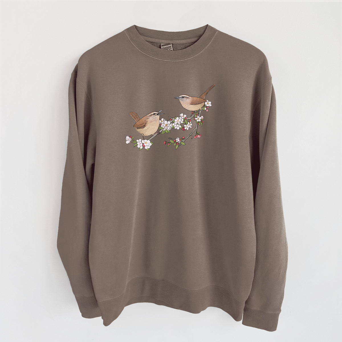 Spring Carolina Wrens on a Blooming Crabtree Branch - Unisex Pigment Dyed Crew Sweatshirt in Espresso