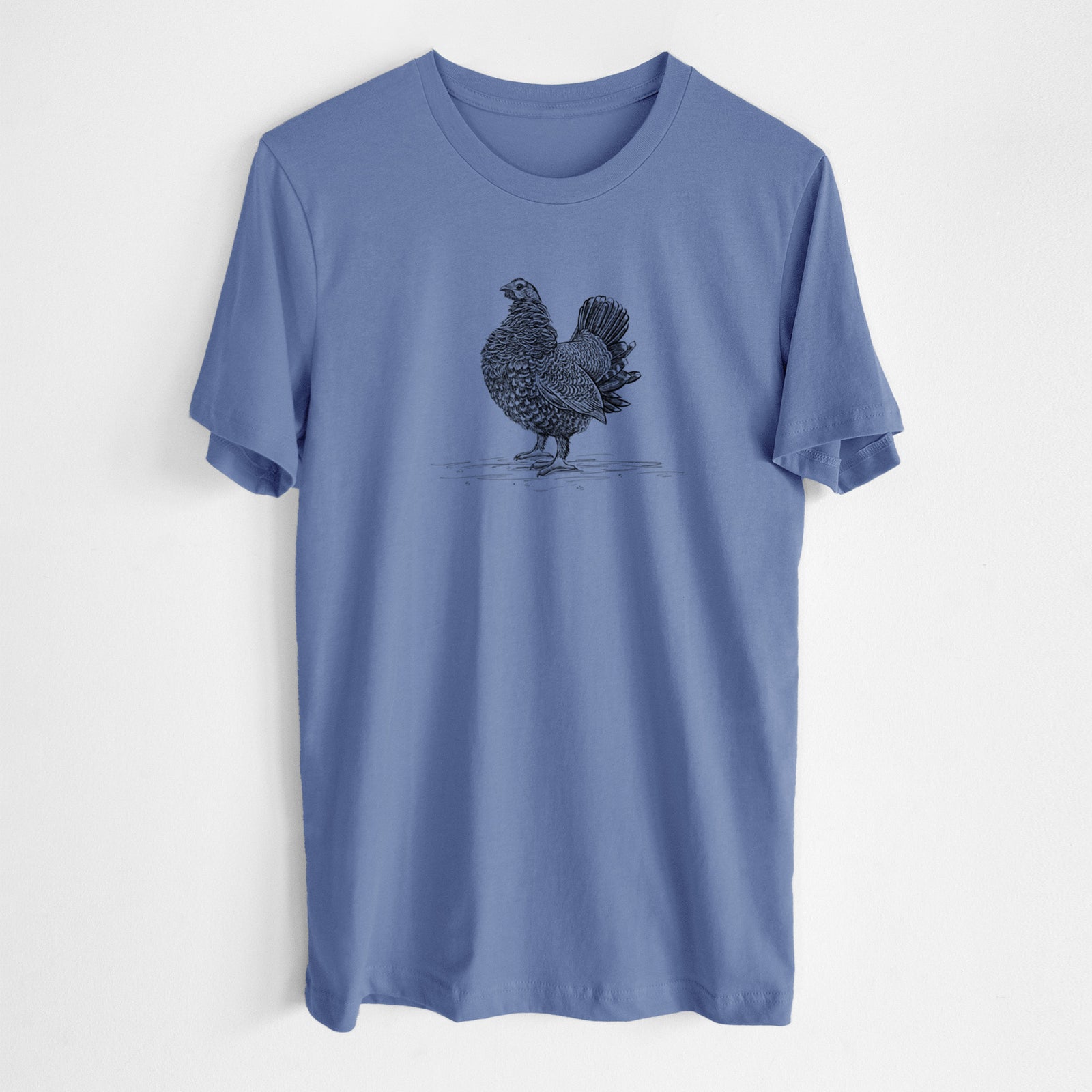 Blue bell lightweight cotton t-shirt laid flat, printed with a detailed black ink illustration of a spruce grouse standing with its tail fanned.
