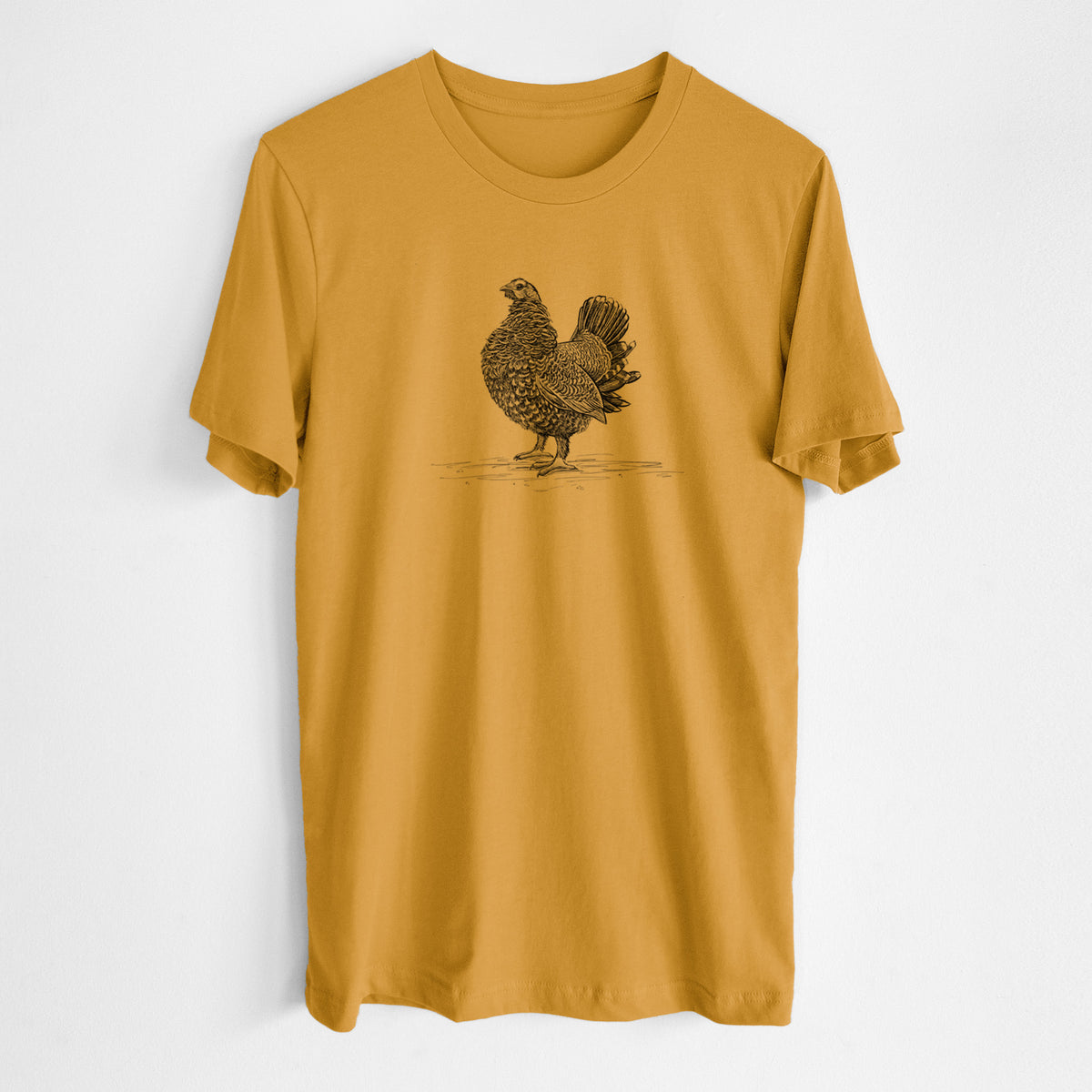 Honeycomb yellow lightweight cotton t-shirt laid flat, printed with a detailed black ink illustration of a spruce grouse standing with its tail fanned.