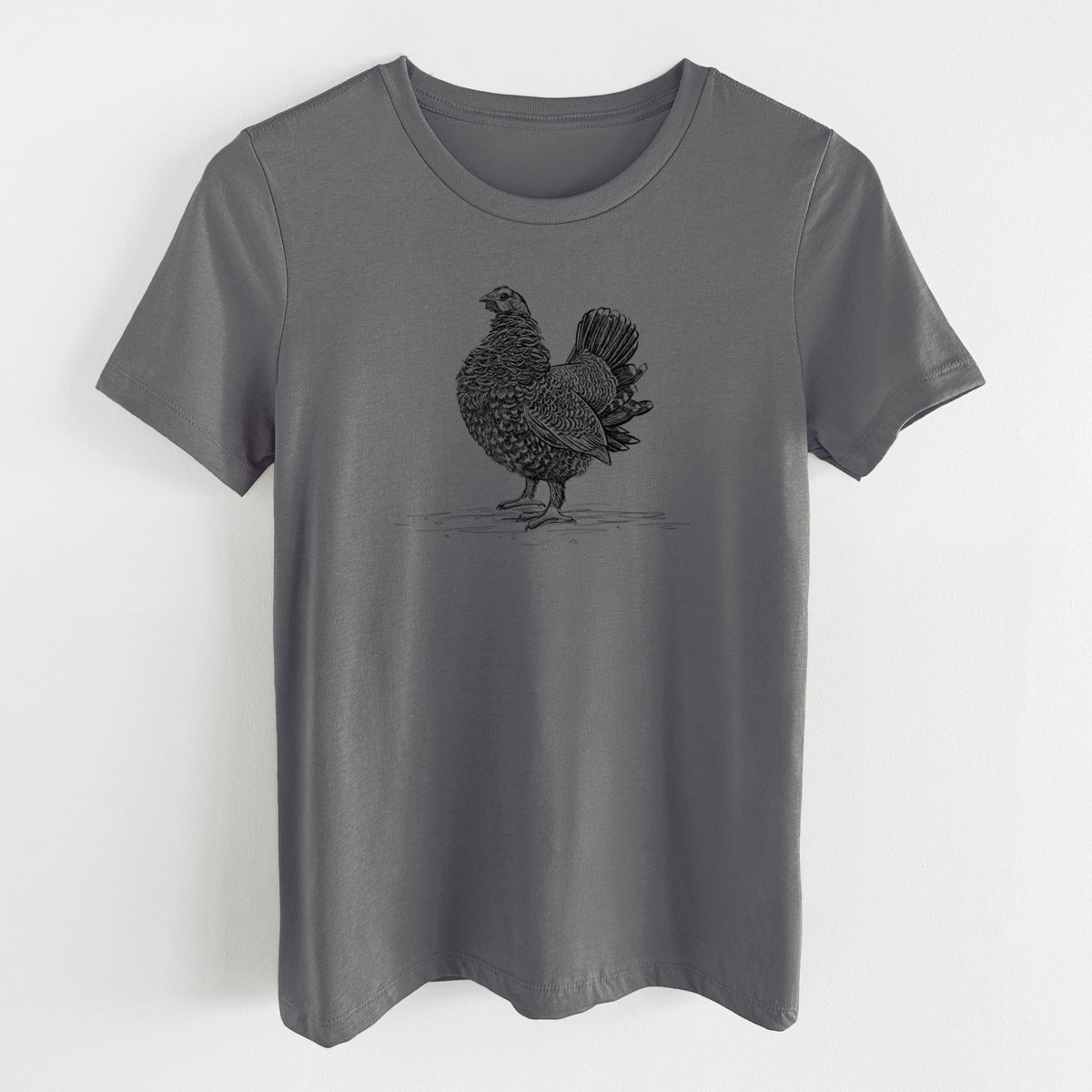 Asphalt women's relaxed fit cotton t-shirt laid flat, printed with a detailed black ink illustration of a spruce grouse standing with its tail fanned.