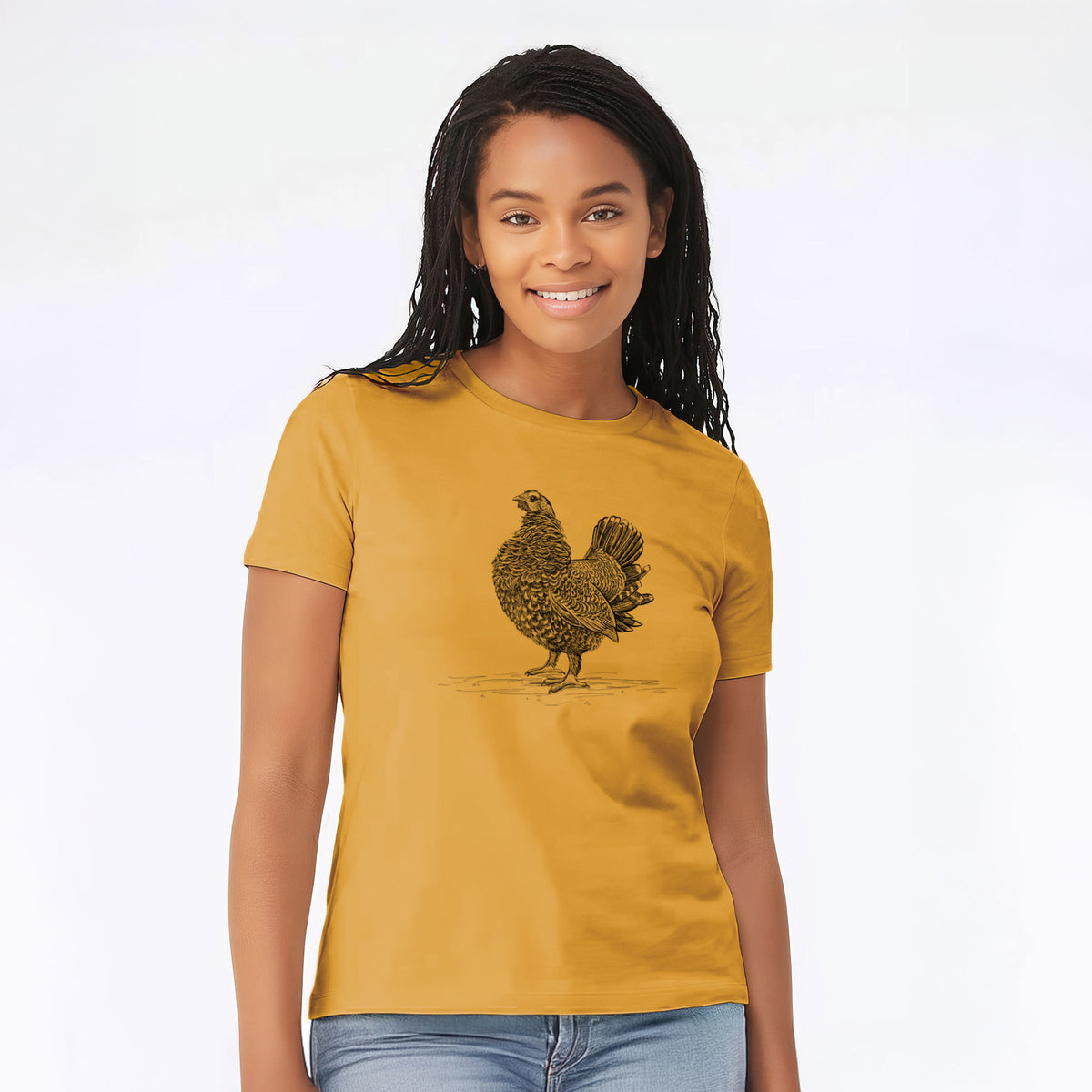 Woman wearing a mustard yellow women's relaxed fit cotton t-shirt printed with a detailed black ink illustration of a spruce grouse standing with its tail fanned.