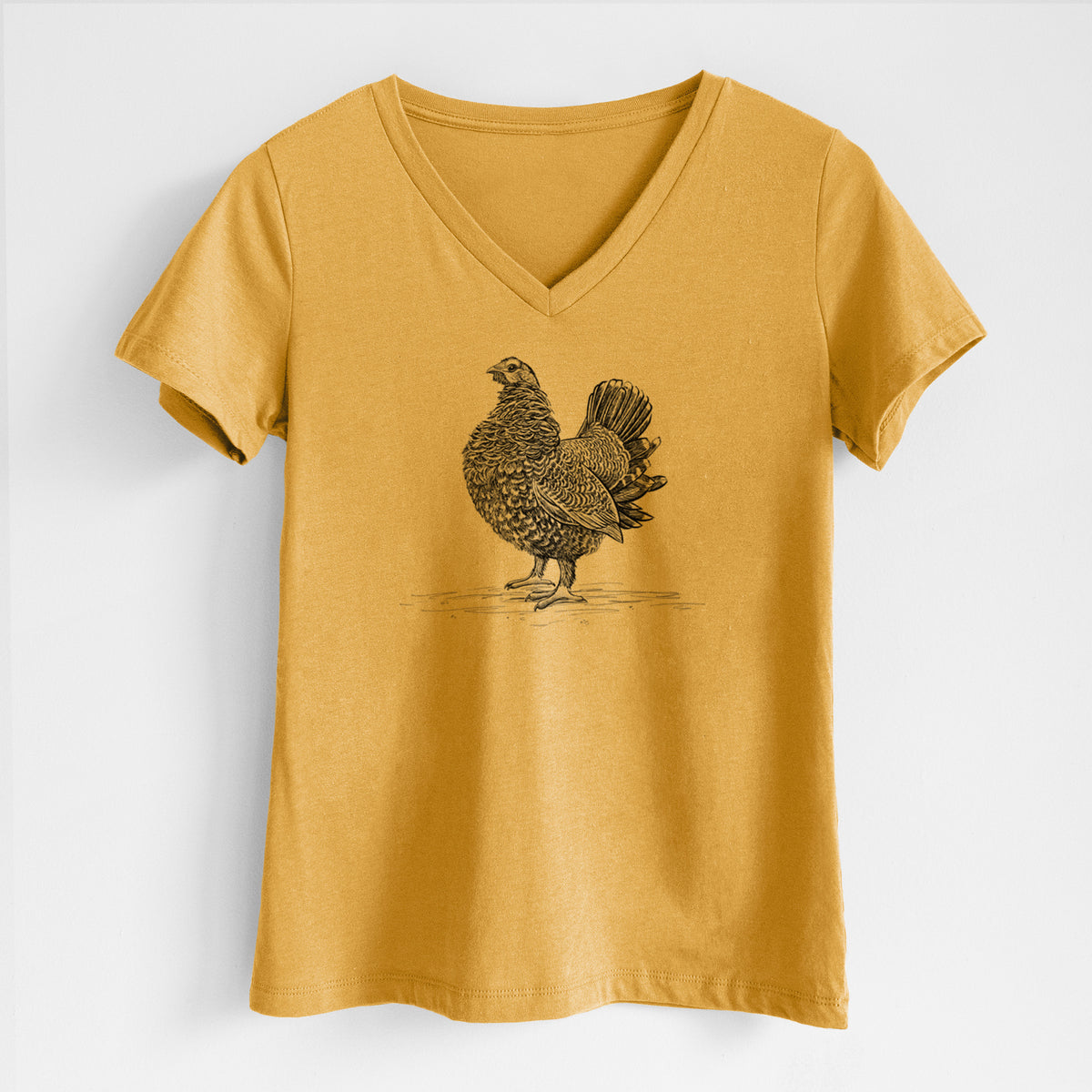 Honeycomb yellow women's relaxed fit cotton V-neck t-shirt laid flat, printed with a detailed black ink illustration of a spruce grouse standing with its tail fanned.