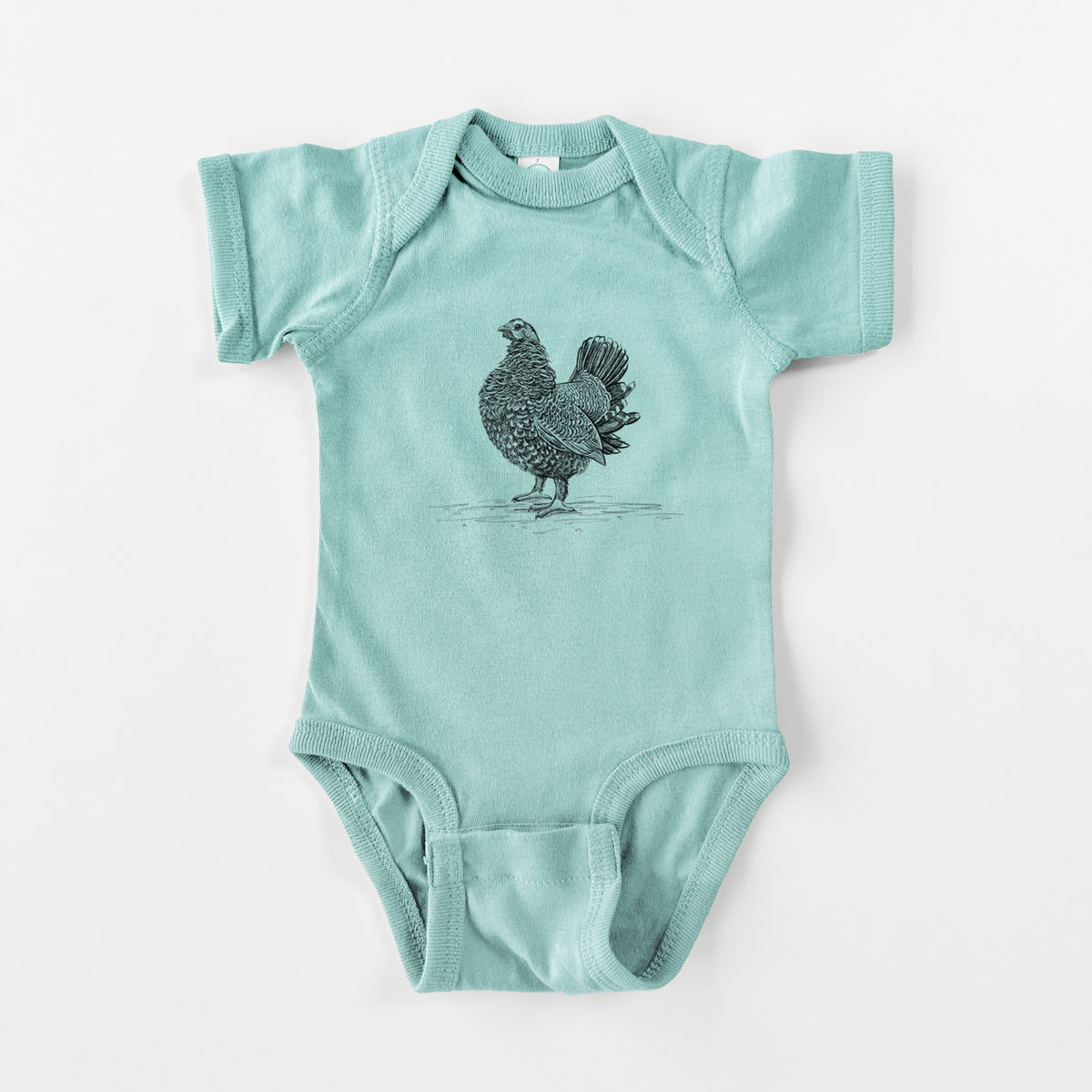Saltwater baby bodysuit laid flat, printed with a detailed black ink illustration of a spruce grouse standing with its tail fanned.