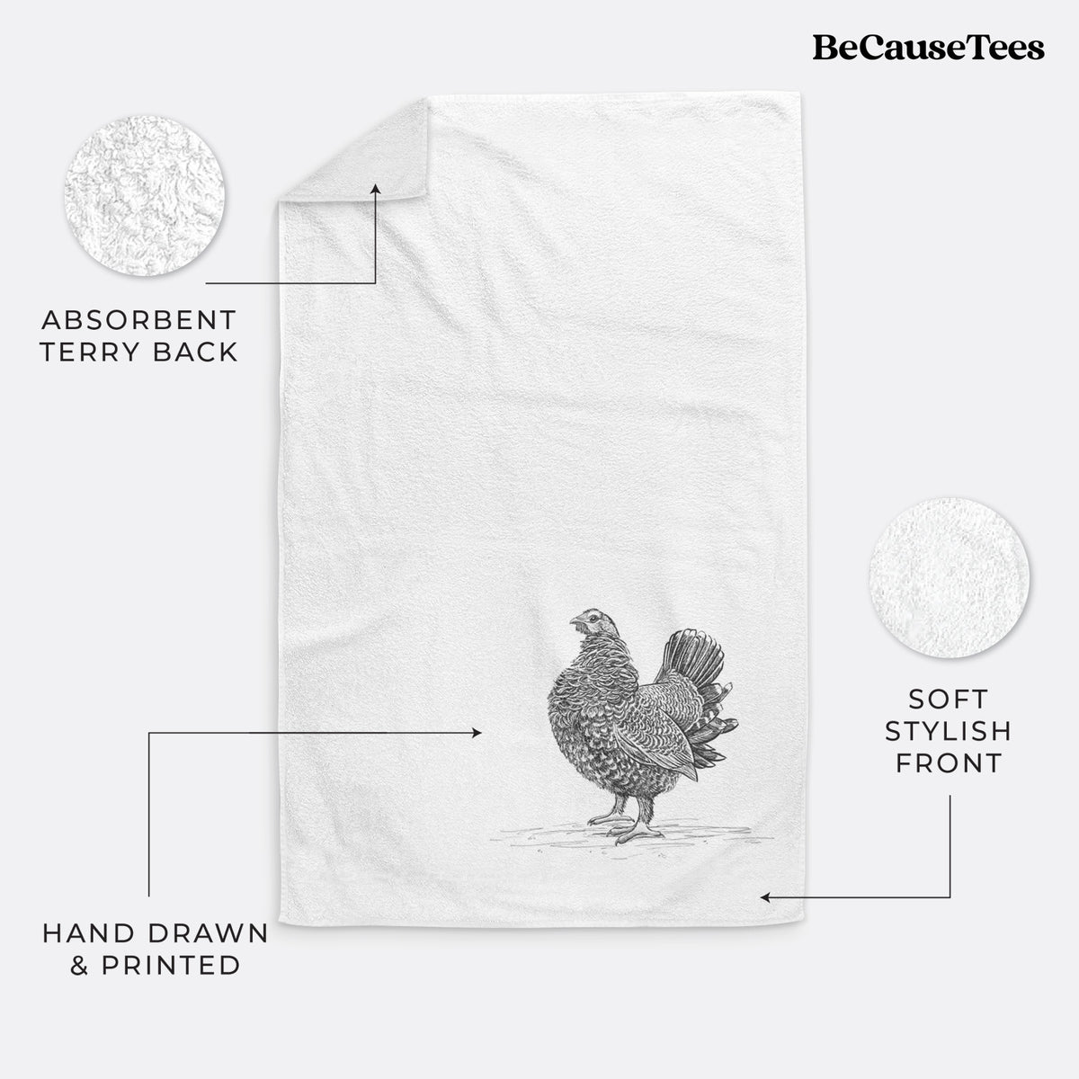 White hand towel printed with a detailed black ink illustration of a spruce grouse standing with its tail fanned.