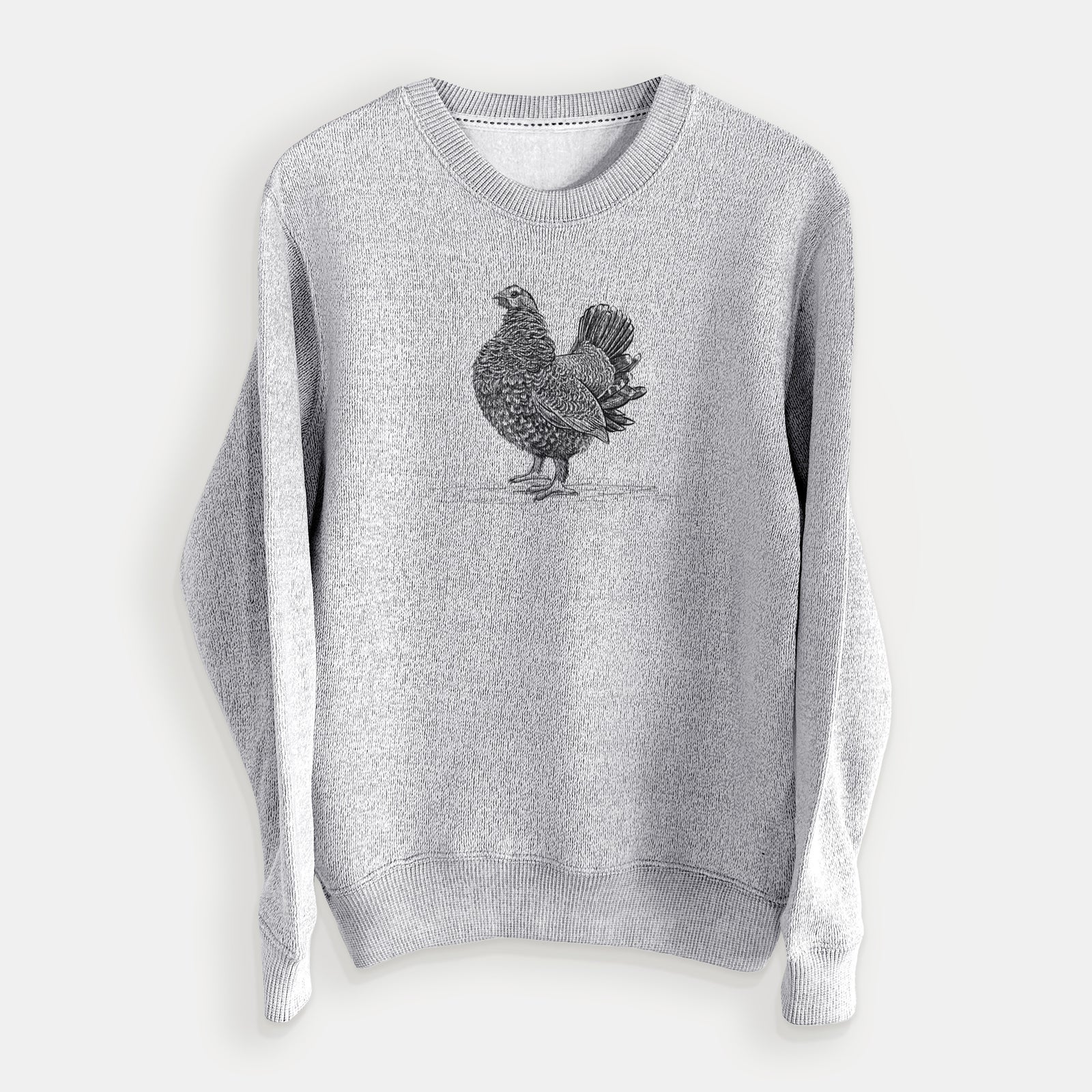 Salt and pepper knit sweatshirt laid flat, printed with a detailed black ink illustration of a spruce grouse standing with its tail fanned.