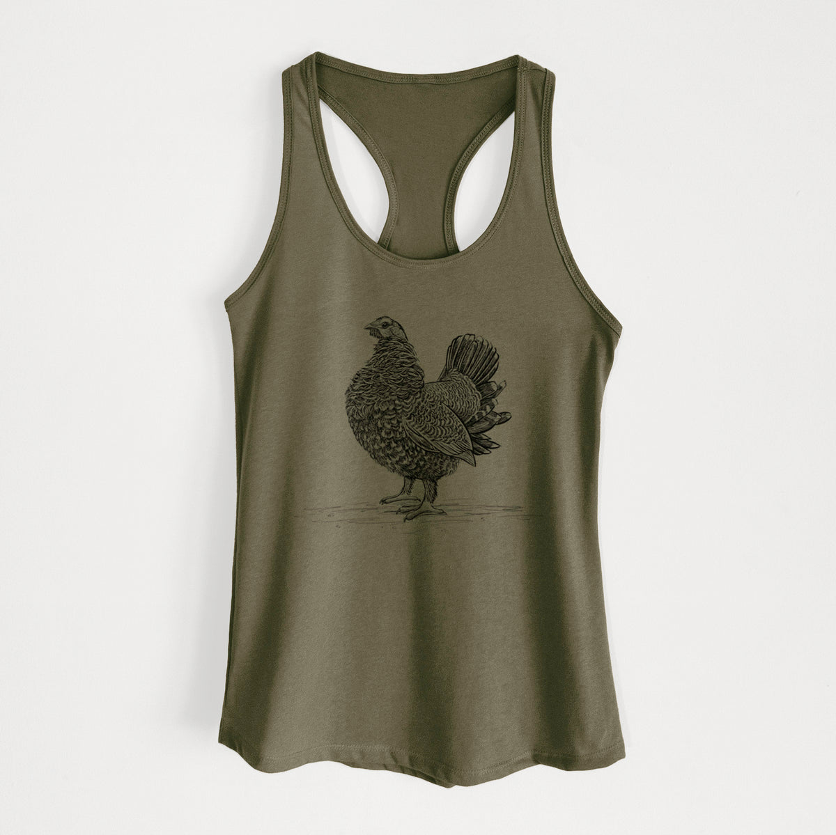 Military green women's racerback tank top laid flat, printed with a detailed black ink illustration of a spruce grouse standing with its tail fanned.