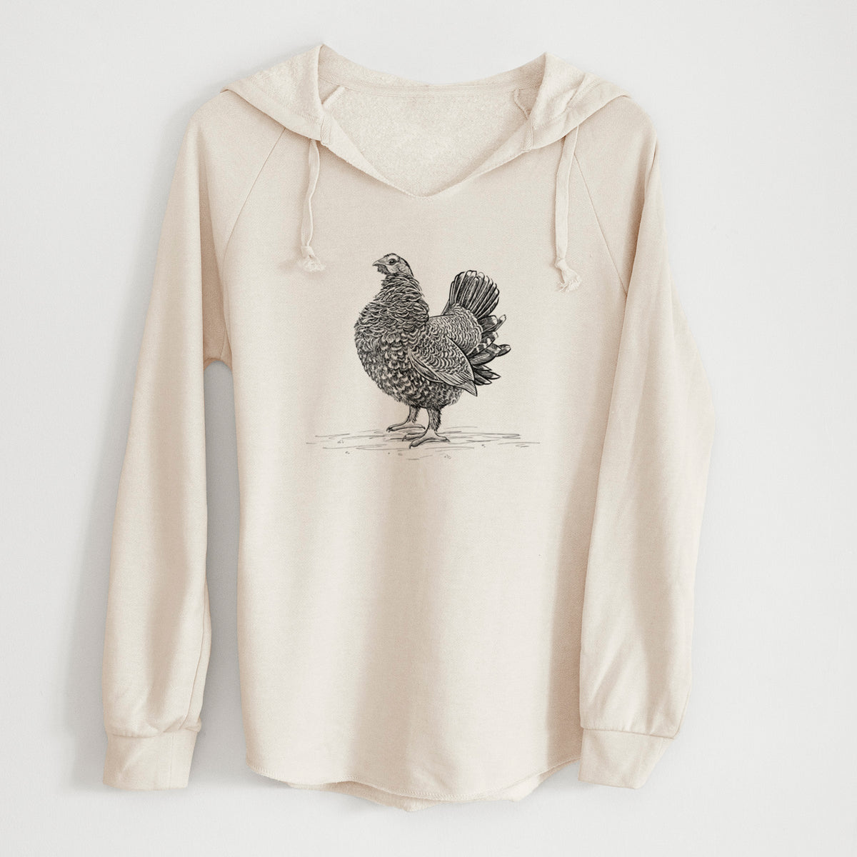 Bone cream women's Cali Wave hooded sweatshirt laid flat, printed with a detailed black ink illustration of a spruce grouse standing with its tail fanned.