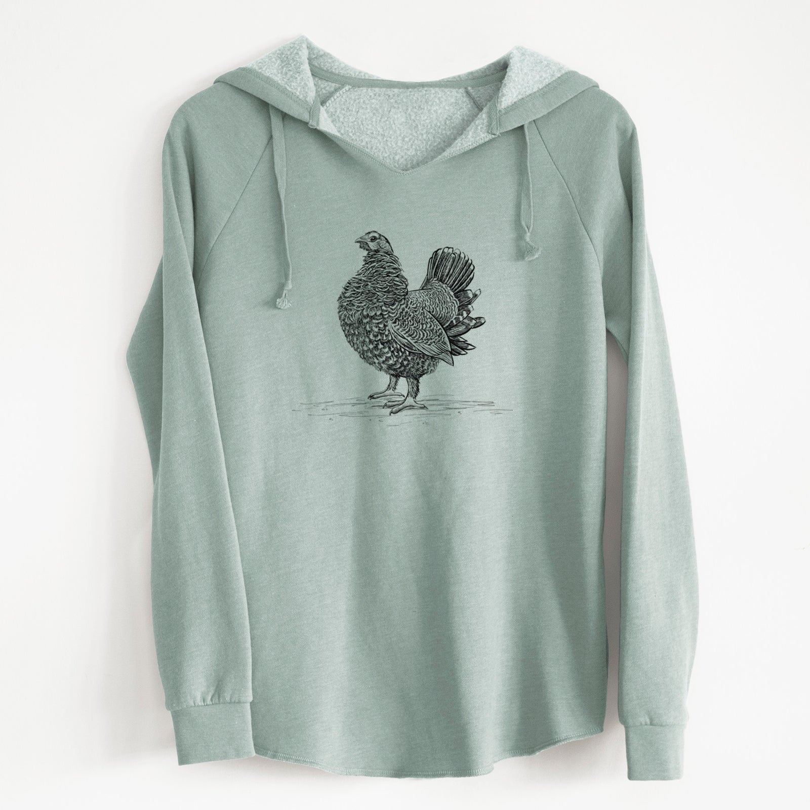 Sage green women's Cali Wave hooded sweatshirt laid flat, printed with a detailed black ink illustration of a spruce grouse standing with its tail fanned.