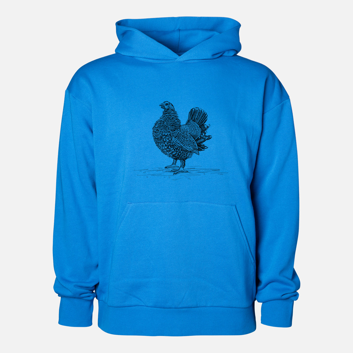 Male Spruce Grouse - Canachites canadensis - Statement Midweight Hoodie in Azure Blue, shown from the front with the design printed on the chest above a front kangaroo pocket.