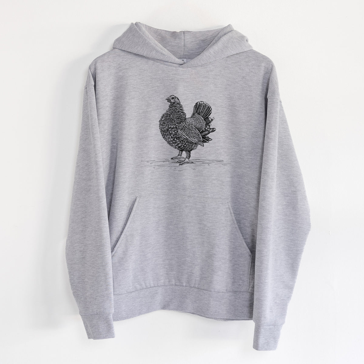 Male Spruce Grouse - Canachites canadensis - Statement Midweight Hoodie in Heather Grey, hanging on a white wall, with a front kangaroo pocket and no drawcords.