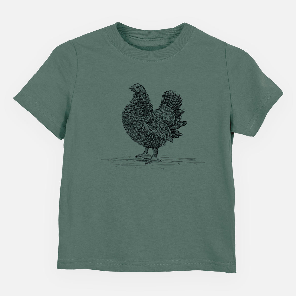 Basil green toddler t-shirt laid flat, printed with a detailed black ink illustration of a spruce grouse standing with its tail fanned.