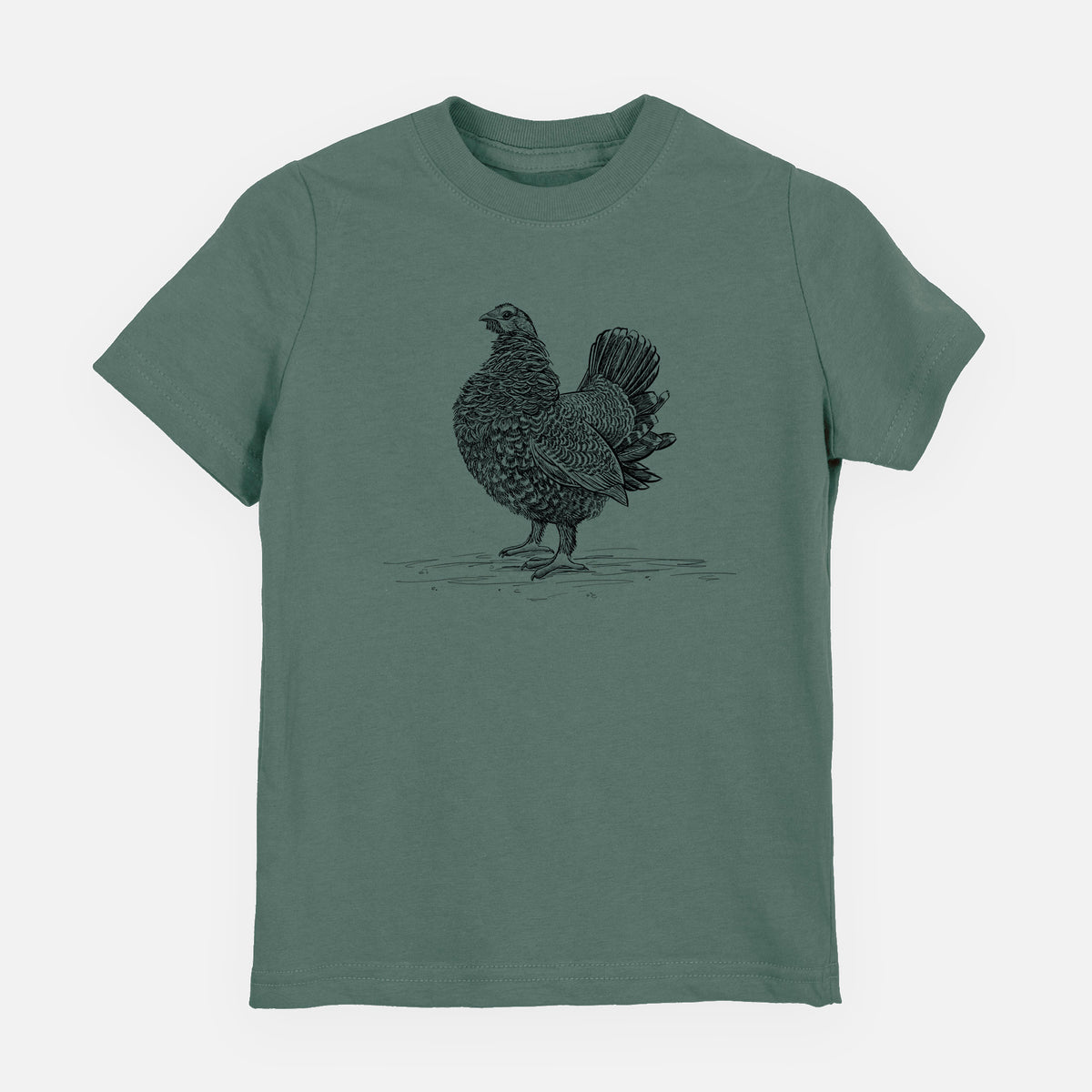 Basil green youth t-shirt laid flat, printed with a detailed black ink illustration of a spruce grouse standing with its tail fanned.