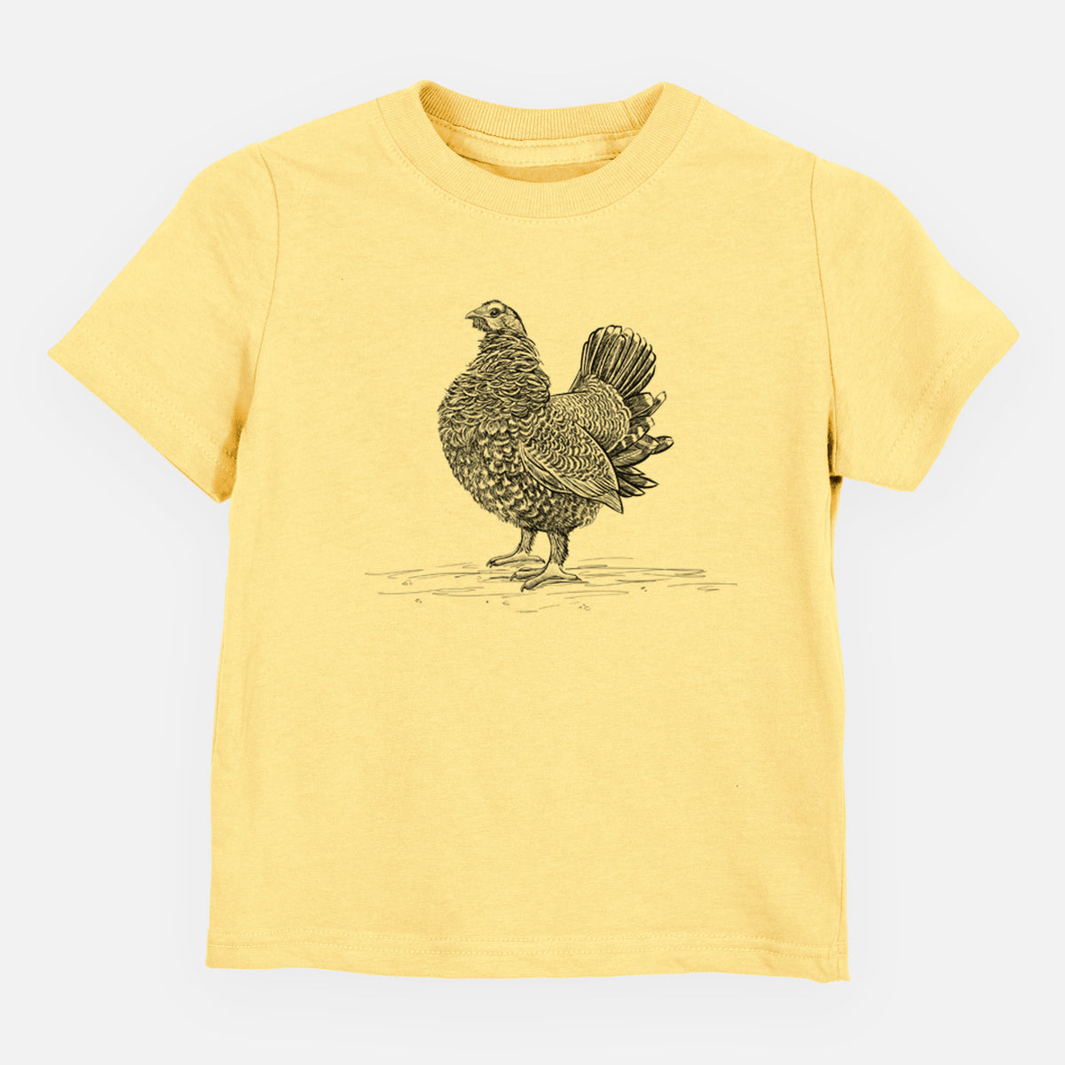 Butter yellow toddler t-shirt laid flat, printed with a detailed black ink illustration of a spruce grouse standing with its tail fanned.