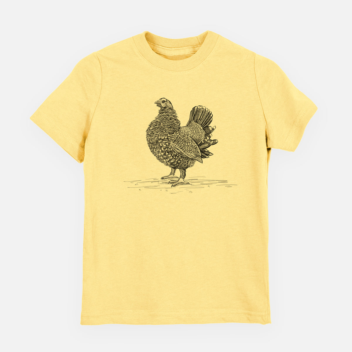 Butter yellow youth t-shirt laid flat, printed with a detailed black ink illustration of a spruce grouse standing with its tail fanned.