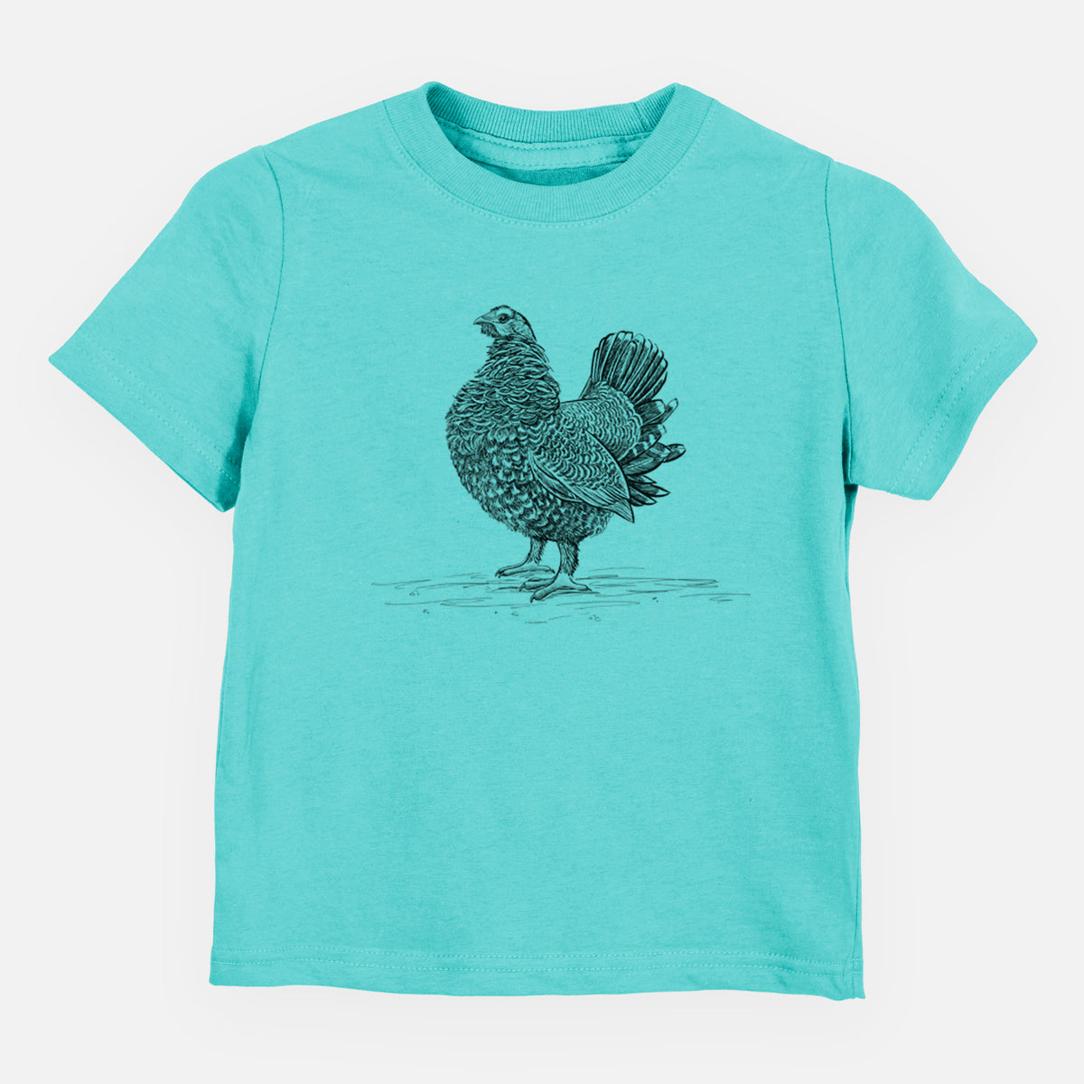 Caribbean blue toddler t-shirt laid flat, printed with a detailed black ink illustration of a spruce grouse standing with its tail fanned.