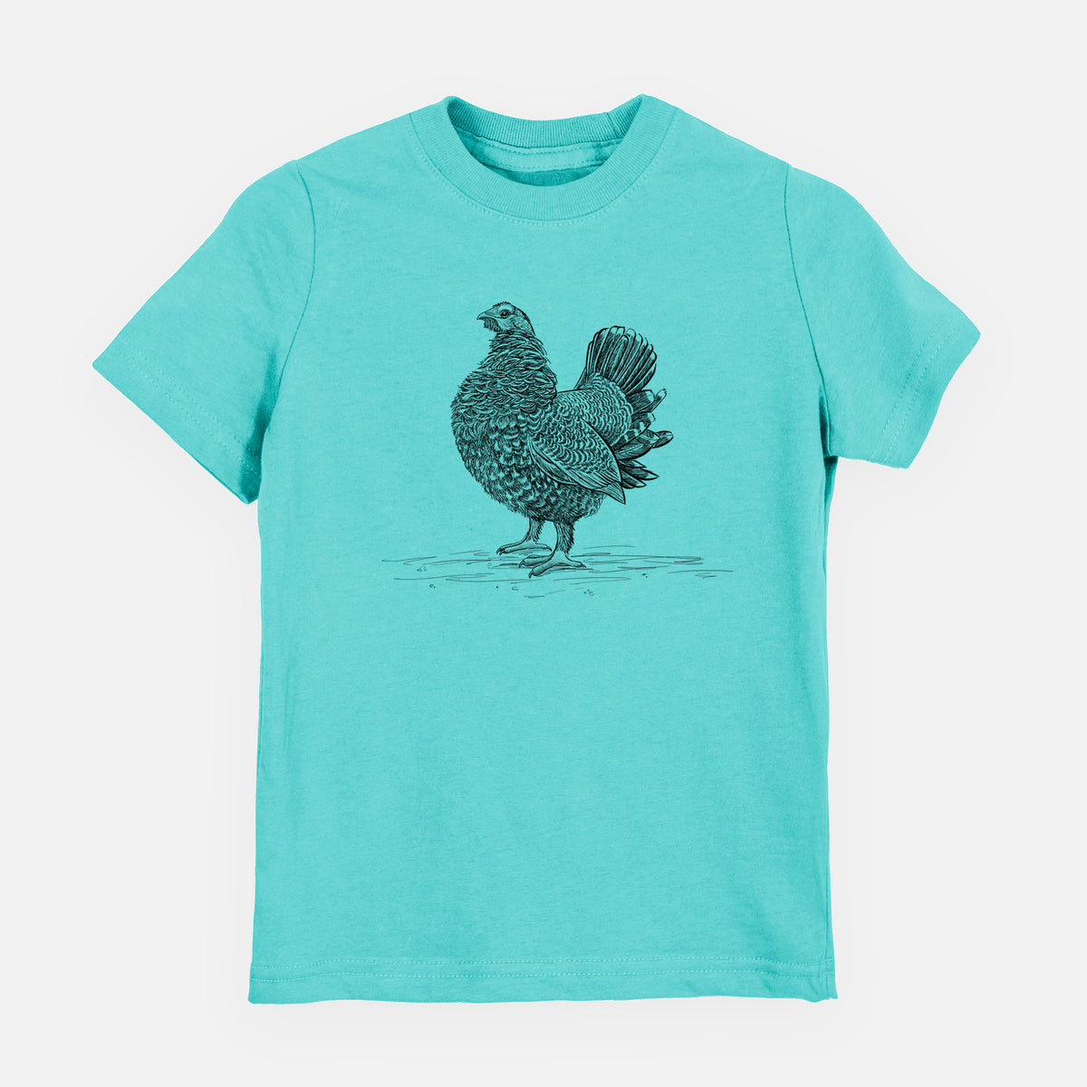 Caribbean blue youth t-shirt laid flat, printed with a detailed black ink illustration of a spruce grouse standing with its tail fanned.