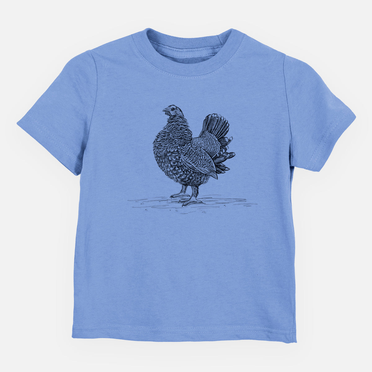 Carolina blue toddler t-shirt laid flat, printed with a detailed black ink illustration of a spruce grouse standing with its tail fanned.