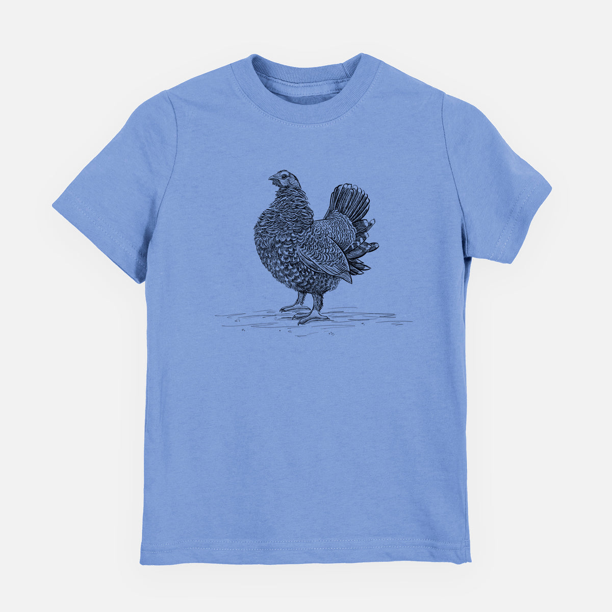 Carolina blue youth t-shirt laid flat, printed with a detailed black ink illustration of a spruce grouse standing with its tail fanned.