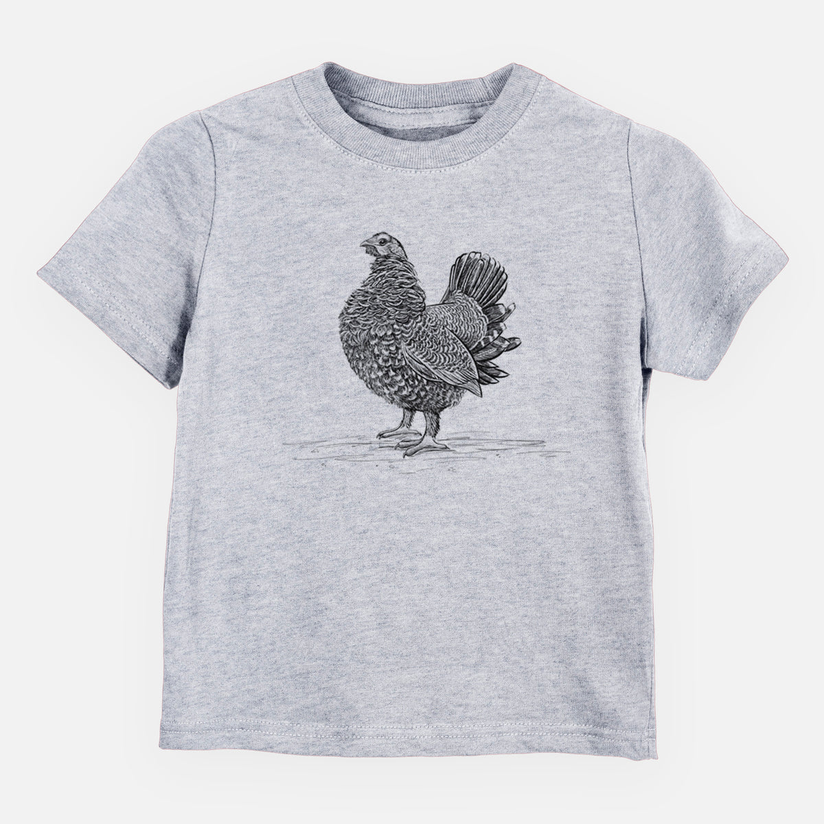 Heather grey toddler t-shirt laid flat, printed with a detailed black ink illustration of a spruce grouse standing with its tail fanned.