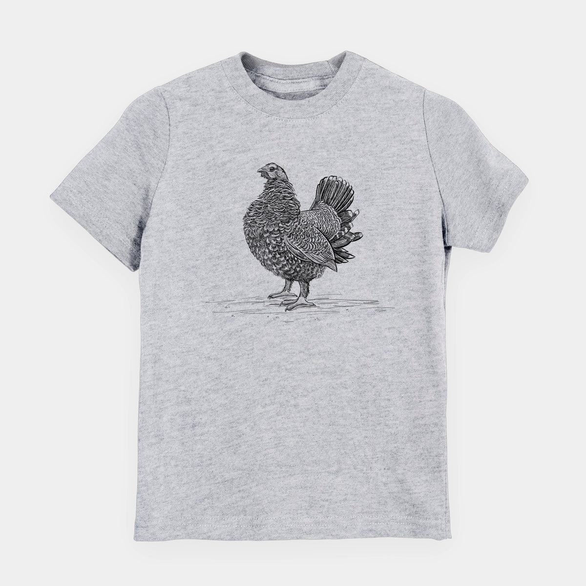Heather grey youth t-shirt laid flat, printed with a detailed black ink illustration of a spruce grouse standing with its tail fanned.