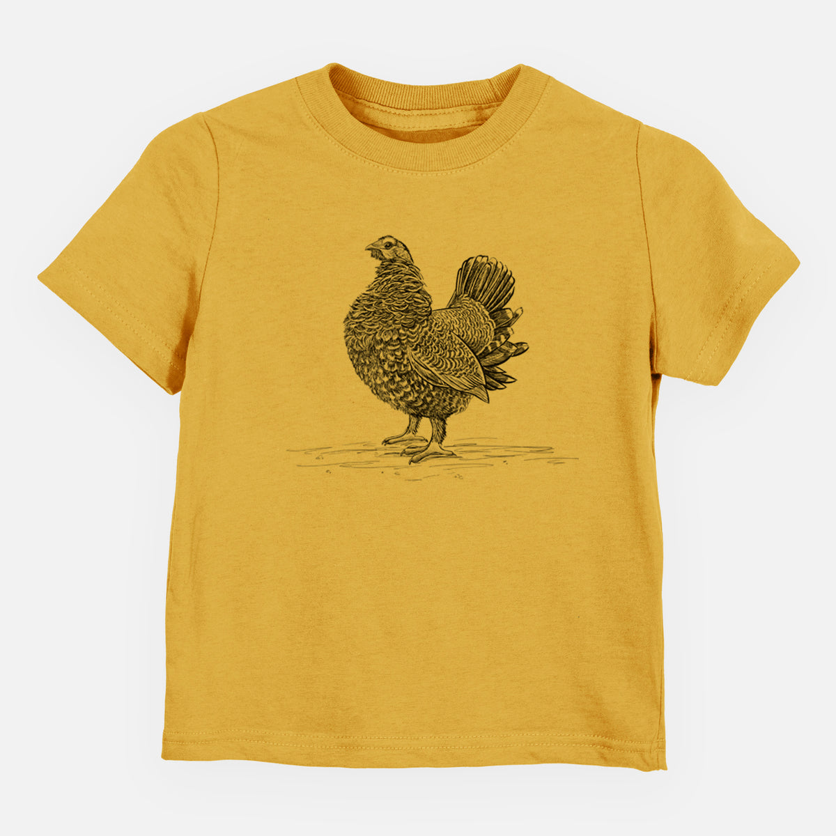 Honeycomb yellow toddler t-shirt laid flat, printed with a detailed black ink illustration of a spruce grouse standing with its tail fanned.
