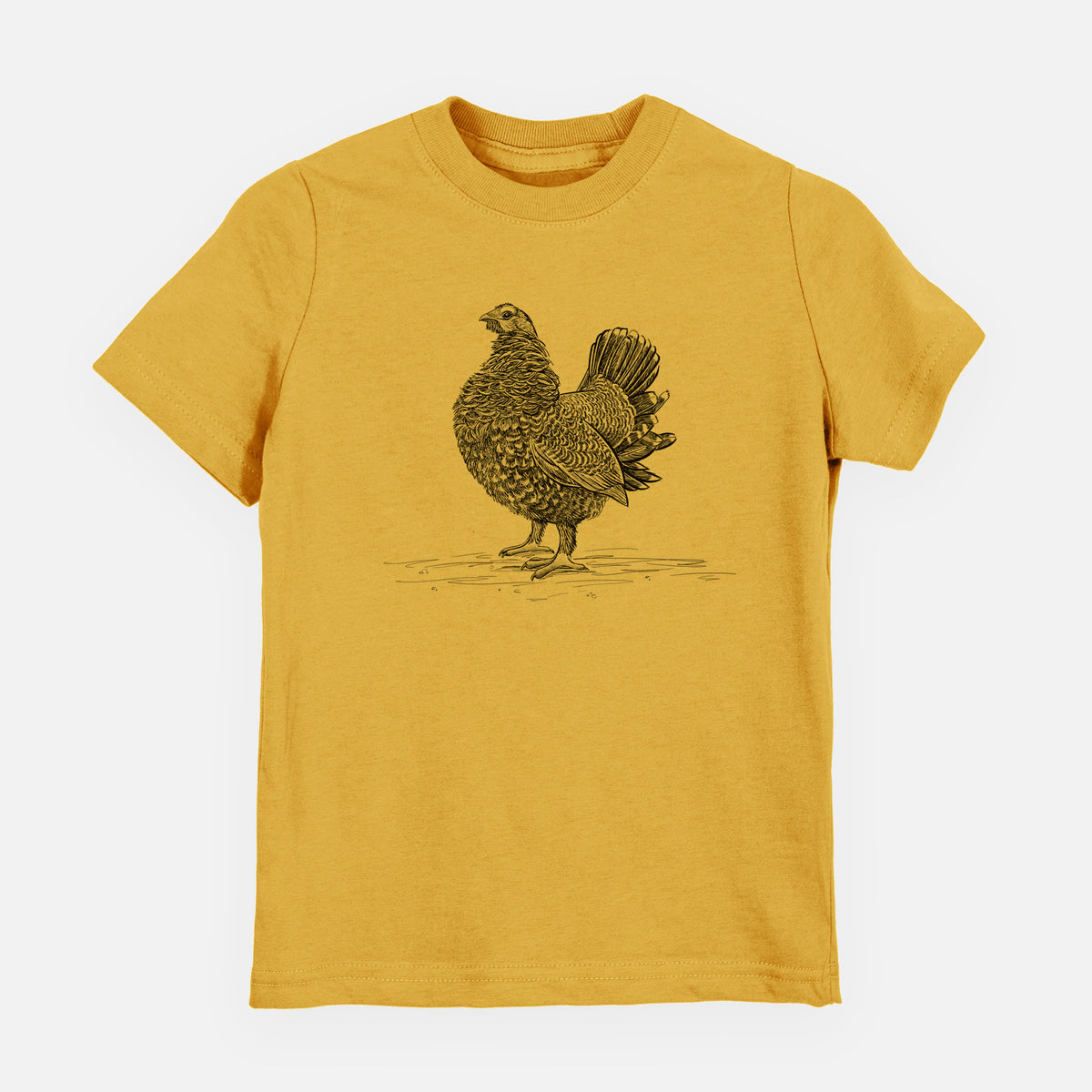Honeycomb yellow youth t-shirt laid flat, printed with a detailed black ink illustration of a spruce grouse standing with its tail fanned.