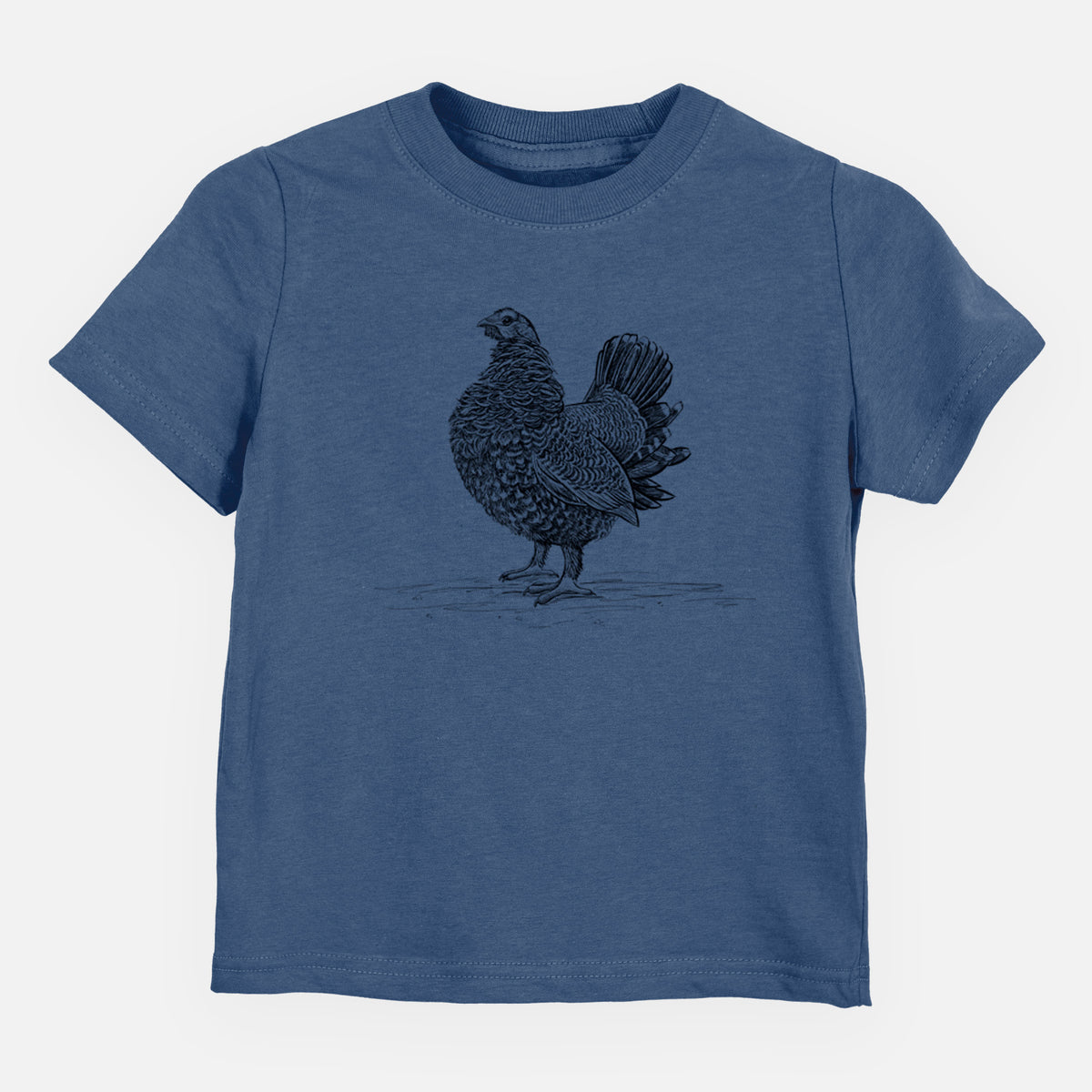 Indigo blue toddler t-shirt laid flat, printed with a detailed black ink illustration of a spruce grouse standing with its tail fanned.