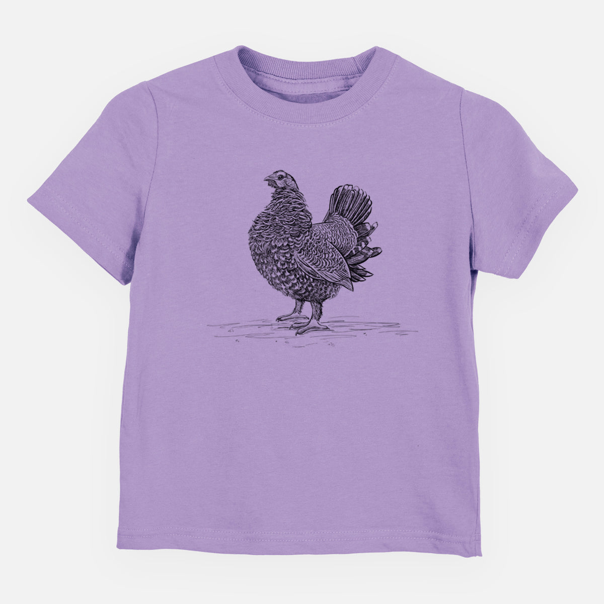 Lavender toddler t-shirt laid flat, printed with a detailed black ink illustration of a spruce grouse standing with its tail fanned.