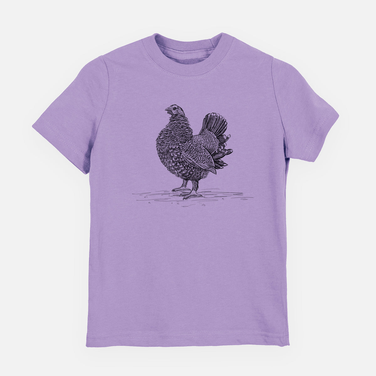 Lavender youth t-shirt laid flat, printed with a detailed black ink illustration of a spruce grouse standing with its tail fanned.