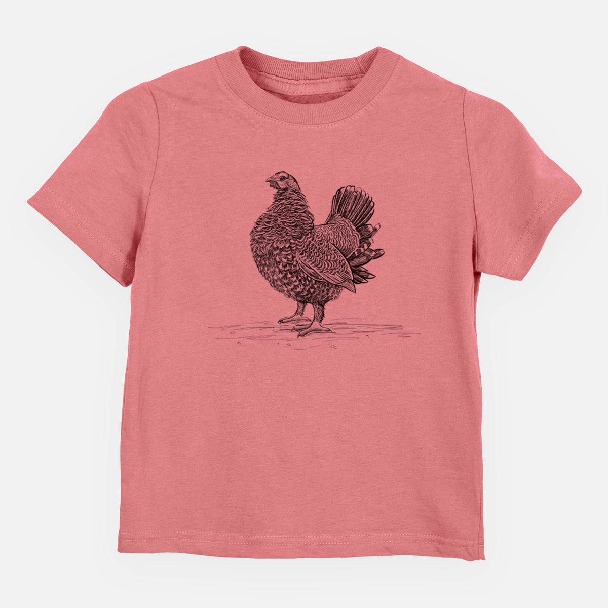 Mauve pink toddler t-shirt laid flat, printed with a detailed black ink illustration of a spruce grouse standing with its tail fanned.