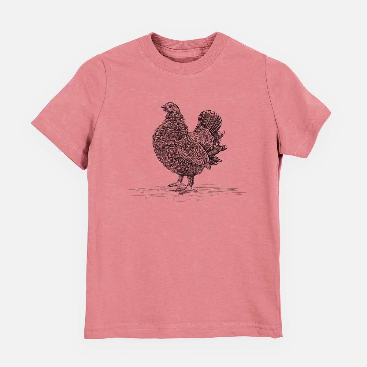 Mauve pink youth t-shirt laid flat, printed with a detailed black ink illustration of a spruce grouse standing with its tail fanned.