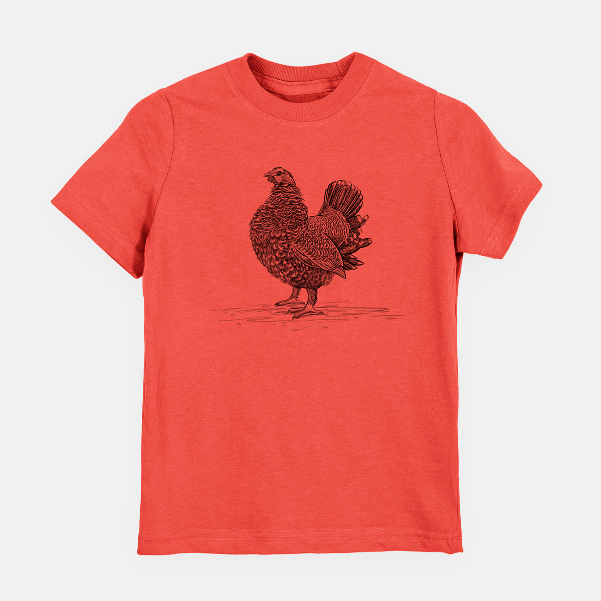 Passionfruit pink youth t-shirt laid flat, printed with a detailed black ink illustration of a spruce grouse standing with its tail fanned.