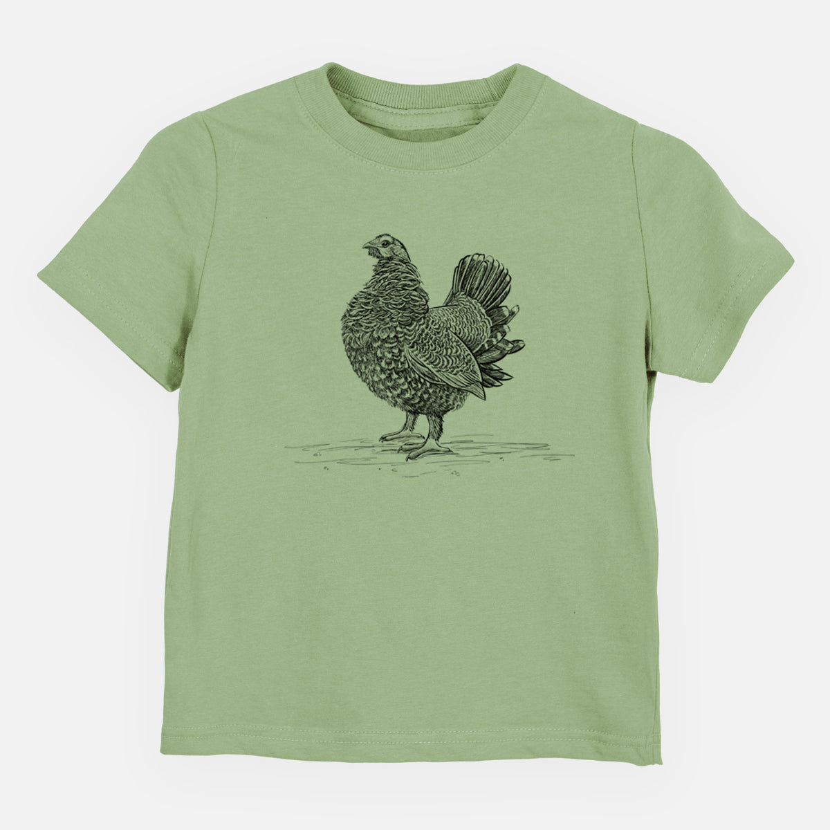 Sage green toddler t-shirt laid flat, printed with a detailed black ink illustration of a spruce grouse standing with its tail fanned.